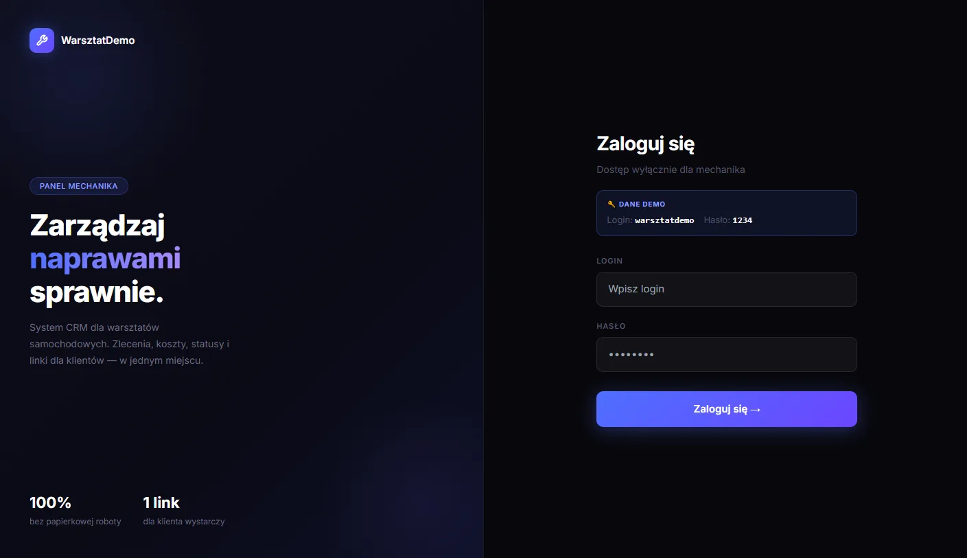 Panel logowania aplikacji WarsztatDemo
